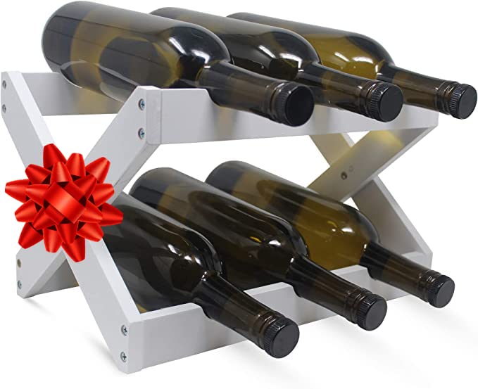 Foldable Bamboo Wine Rack ~ 6 Bottle Wine Holder Stand ~ Countertop Wine Holder for Kitchen, Bar, Cabinets ~ Holds 6 Bottles (White, 1)