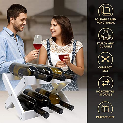 Foldable Bamboo Wine Rack ~ 6 Bottle Wine Holder Stand ~ Countertop Wine Holder for Kitchen, Bar, Cabinets ~ Holds 6 Bottles (White, 1)