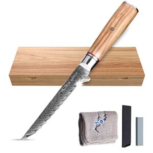 master maison 6" damascus steel fillet knife with full-tang handle, sheath, sharpening stone, storage box & drying cloth | aus-10 japanese stainless steel ultra sharp filleting & boning knife for fish