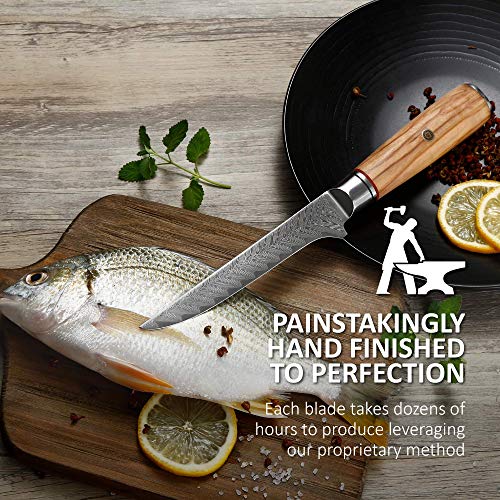Master Maison 6" Damascus Steel Fillet Knife With Full-Tang Handle, Sheath, Sharpening Stone, Storage Box & Drying Cloth | AUS-10 Japanese Stainless Steel Ultra Sharp Filleting & Boning Knife For Fish