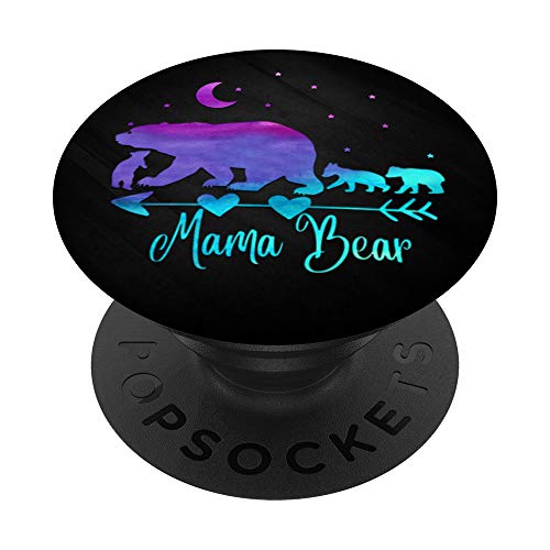 Purple Turquoise Watercolor Mama Bear Three Cubs On Black PopSockets Swappable PopGrip