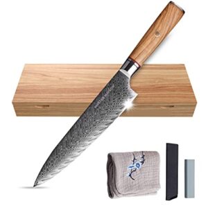 master maison authentic 8" damascus steel chef knife with full-tang wood handle, sheath, sharpening stone, storage box, & drying cloth | aus-10 japanese ultra sharp stainless steel chef's knife set