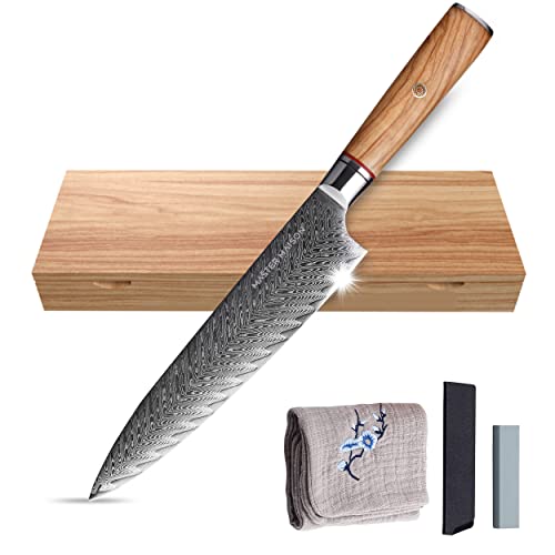 Master Maison Authentic 8" Damascus Steel Chef Knife With Full-Tang Wood Handle, Sheath, Sharpening Stone, Storage Box, & Drying Cloth | AUS-10 Japanese Ultra Sharp Stainless Steel Chef's Knife Set