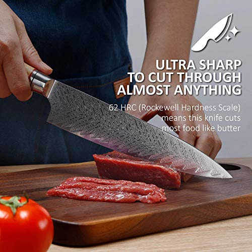 Master Maison Authentic 8" Damascus Steel Chef Knife With Full-Tang Wood Handle, Sheath, Sharpening Stone, Storage Box, & Drying Cloth | AUS-10 Japanese Ultra Sharp Stainless Steel Chef's Knife Set