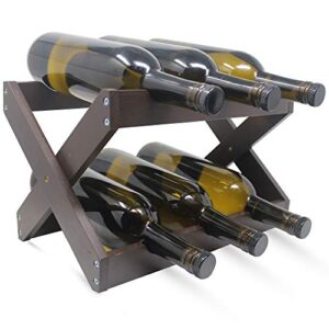 hivory small wine rack countertop ~ 6 bottle wine holder stand ~ foldable bamboo wine storage rack for kitchen, bar, cabinets (brown, 1)