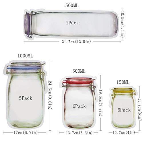 18pcs Mason Jar Zipper Bags,Food Storage Snack Sandwich Ziplock Bags,Reusable Airtight Seal Food Storage Bags,Leakproof Food Saver Bags for Travel Camping and Kids (Tallx1+Lx5+Mx6+Sx6)