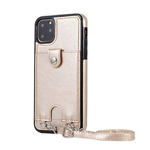 Jaorty PU Leather Wallet Case for iPhone 11 Pro Max Necklace Lanyard Case Cover with Card Holder Adjustable Detachable Anti-Lost Neck Strap for Apple iPhone 11 Pro Max 6.5",Gold