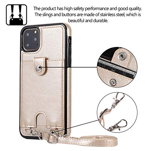 Jaorty PU Leather Wallet Case for iPhone 11 Pro Max Necklace Lanyard Case Cover with Card Holder Adjustable Detachable Anti-Lost Neck Strap for Apple iPhone 11 Pro Max 6.5",Gold