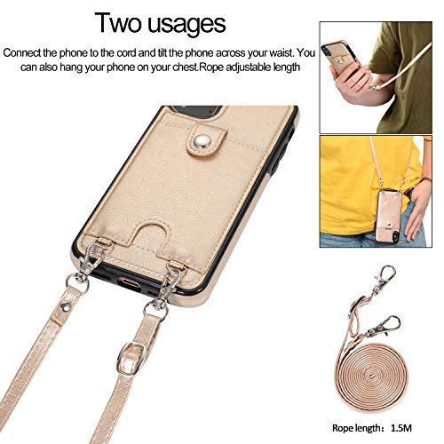 Jaorty PU Leather Wallet Case for iPhone 11 Pro Max Necklace Lanyard Case Cover with Card Holder Adjustable Detachable Anti-Lost Neck Strap for Apple iPhone 11 Pro Max 6.5",Gold