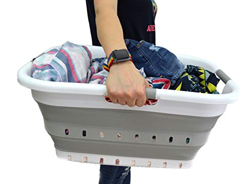SAMMART 41L (10.8 gallon) Collapsible 3 Handled Plastic Laundry Basket - Foldable Pop Up Storage Container/Organizer - Portable Washing Tub - Space Saving Hamper/Basket (3 handled rectangular, White/Grey)