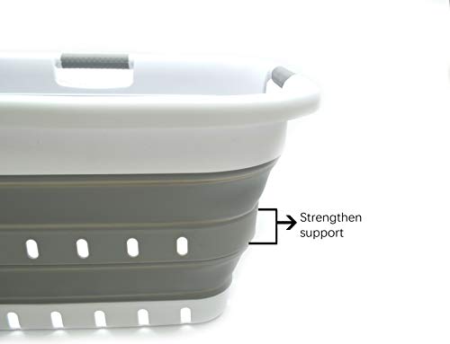 SAMMART 41L (10.8 gallon) Collapsible 3 Handled Plastic Laundry Basket - Foldable Pop Up Storage Container/Organizer - Portable Washing Tub - Space Saving Hamper/Basket (3 handled rectangular, White/Grey)