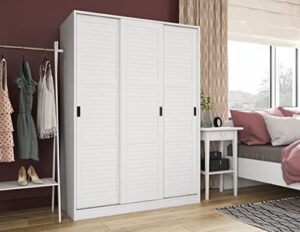 palace imports 100% solid wood wardrobe with 3 sliding louvered doors, white. 5 shelves included. additional large shelves sold separately.