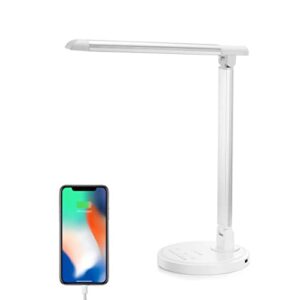 consciot 12w led desk lamp with usb charging port, 5 lighting modes 7 brightness levels, dimmable and adjustable, touch-sensitive control, 30/60 min auto timer, white