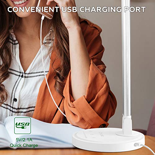 Consciot 12W LED Desk Lamp with USB Charging Port, 5 Lighting Modes 7 Brightness Levels, Dimmable and Adjustable, Touch-Sensitive Control, 30/60 min Auto Timer, White