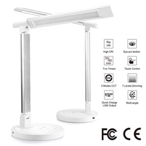 Consciot 12W LED Desk Lamp with USB Charging Port, 5 Lighting Modes 7 Brightness Levels, Dimmable and Adjustable, Touch-Sensitive Control, 30/60 min Auto Timer, White