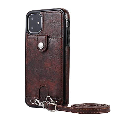 Jaorty PU Leather Wallet Case for iPhone 11 Necklace Lanyard Case Cover with Card Holder Adjustable Detachable Anti-Lost Neck Strap for Apple iPhone 11 6.1",Brown