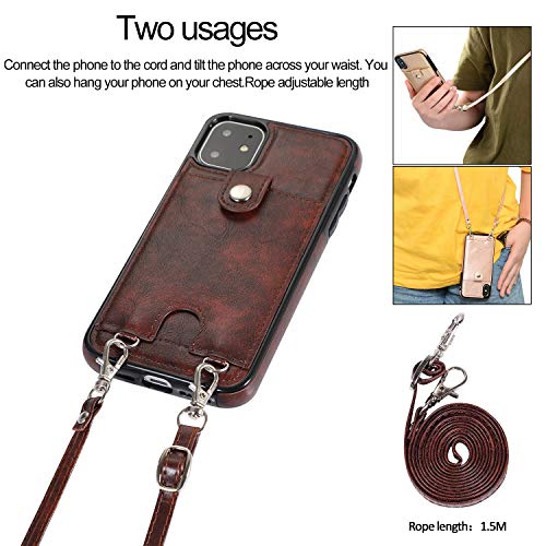 Jaorty PU Leather Wallet Case for iPhone 11 Necklace Lanyard Case Cover with Card Holder Adjustable Detachable Anti-Lost Neck Strap for Apple iPhone 11 6.1",Brown