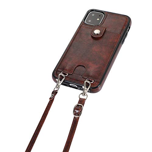 Jaorty PU Leather Wallet Case for iPhone 11 Necklace Lanyard Case Cover with Card Holder Adjustable Detachable Anti-Lost Neck Strap for Apple iPhone 11 6.1",Brown