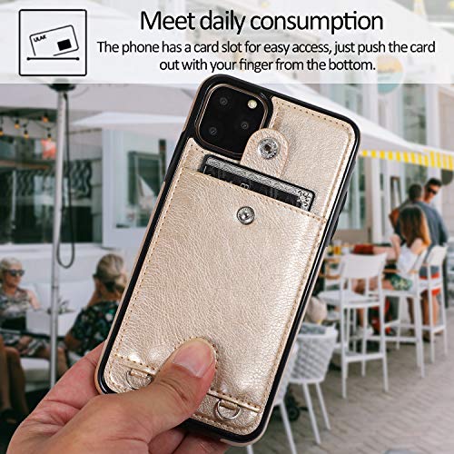 Jaorty PU Leather Wallet Case for iPhone 11 Pro Necklace Lanyard Case Cover with Card Holder Adjustable Detachable Anti-Lost Neck Strap for Apple iPhone 11 Pro 5.8",Gold