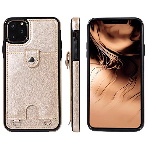 Jaorty PU Leather Wallet Case for iPhone 11 Pro Necklace Lanyard Case Cover with Card Holder Adjustable Detachable Anti-Lost Neck Strap for Apple iPhone 11 Pro 5.8",Gold