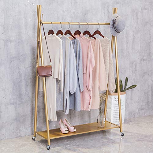 FURVOKIA Modern Simple Heavy Duty Metal X Type Rolling Garment Rack with Wheel,Retail Display Clothing Rack, Floor-Standing Shoes Bags Clothes Organizer Storage Shelves (Gold, 47.2" L)