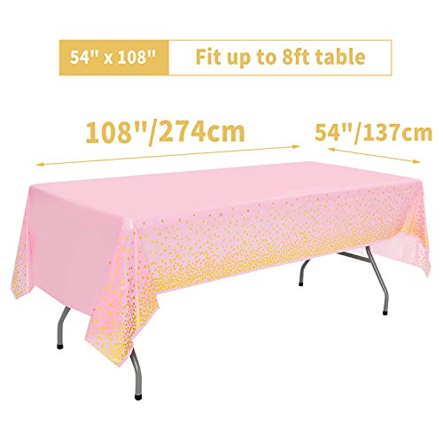 108"x54" 4 Packs Pink and Gold Disposable Party Tablecloth for Rectangle Table, Gold Stamping Dot Confetti Rectangular Plastic Table Cover, for Bachelorette, Girl Birthday and Baby Shower, Wedding