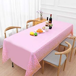 108"x54" 4 Packs Pink and Gold Disposable Party Tablecloth for Rectangle Table, Gold Stamping Dot Confetti Rectangular Plastic Table Cover, for Bachelorette, Girl Birthday and Baby Shower, Wedding