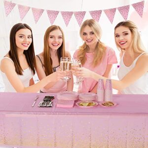 108"x54" 4 Packs Pink and Gold Disposable Party Tablecloth for Rectangle Table, Gold Stamping Dot Confetti Rectangular Plastic Table Cover, for Bachelorette, Girl Birthday and Baby Shower, Wedding
