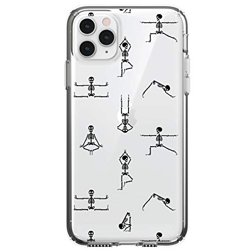 DistinctInk Clear Shockproof Hybrid Case for iPhone 11 (6.1" Screen) - TPU Bumper, Acrylic Back, Tempered Glass Screen Protector - Yoga Skeletons