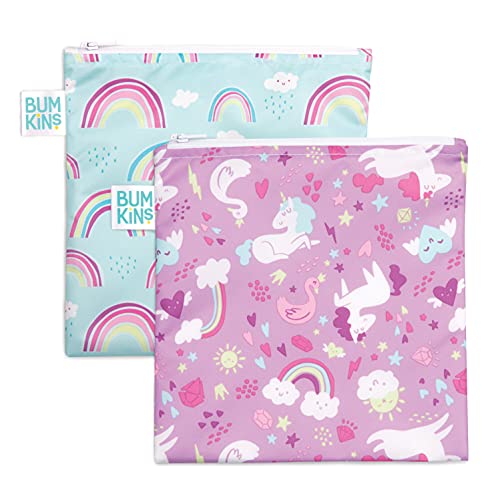 Bumkins Sandwich Bag / Snack Bag, Reusable Fabric, Washable, Food Safe, BPA Free, 7x7 - Rainbows & Unicorns (2-Pack)