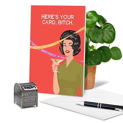 NobleWorks - 1 Funny Happy Birthday Card - Sarcastic Retro Humor, Bluntcard Stationery (Buyer Discretion Advised) - Here's Your Card C2995BDG