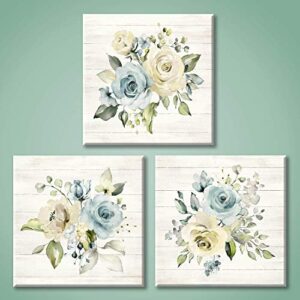 floral canvas painting wall art: yellow & blue roses pictures flower artwork for bedroom (12'' x 12'' x 3 panels)