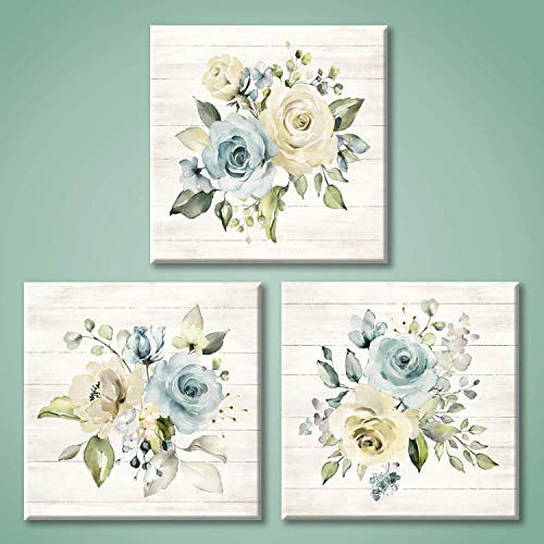 Floral Canvas Painting Wall Art: Yellow & Blue Roses Pictures Flower Artwork for Bedroom (12'' x 12'' x 3 Panels)