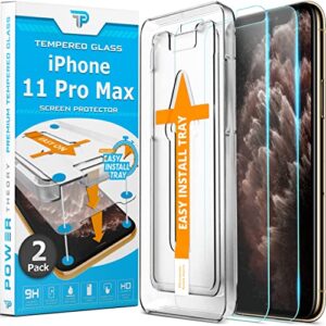 power theory designed for iphone 11 pro max screen protector tempered glass [9h hardness], easy install kit, 99% hd bubble free clear, case friendly, anti-scratch, 2 pack
