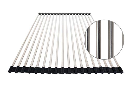Over The Sink Roll Up Dish Drying Rack with Dish Scrubber | Multipurpose Use | Foldable for Storage | Stainless Steel Pipes | Silicone Coated Caps | 18.5" x 13"