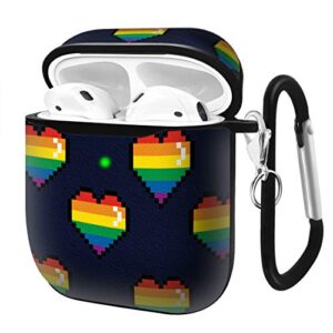 slim form fitted printing pattern cover case with carabiner compatible with airpods 1 and airpods 2 / lgbt gay pride rainbow pixel hearts