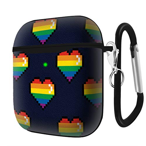 Slim Form Fitted Printing Pattern Cover Case with Carabiner Compatible with Airpods 1 and AirPods 2 / LGBT Gay Pride Rainbow Pixel Hearts