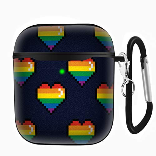 Slim Form Fitted Printing Pattern Cover Case with Carabiner Compatible with Airpods 1 and AirPods 2 / LGBT Gay Pride Rainbow Pixel Hearts