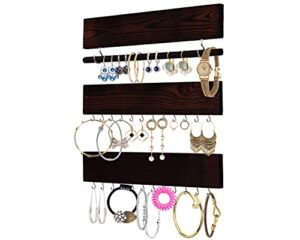 comfify rustic jewelry display organizer for wall – wall mounted jewelry holder organizer with removable bracelet rod and 24 hooks – perfect earrings, necklaces and bracelets holder – dark brown