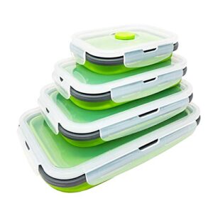 set of 4 collapsible silicone food storage container, leftover meal box for kitchen, bento lunch boxes, bpa free, microwave, dishwasher and freezer safe. foldable design saves your space.