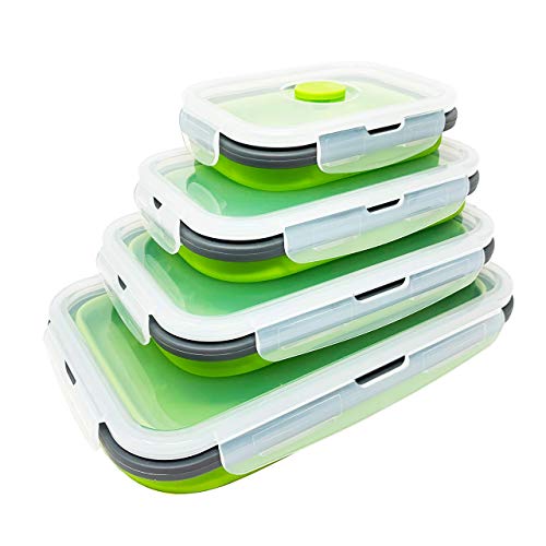 Set of 4 Collapsible Silicone Food Storage Container, Leftover Meal box For Kitchen, Bento Lunch Boxes, BPA Free, Microwave, Dishwasher and Freezer Safe. Foldable Design Saves Your Space.