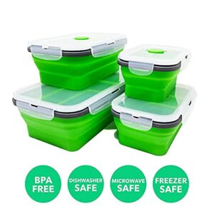 Set of 4 Collapsible Silicone Food Storage Container, Leftover Meal box For Kitchen, Bento Lunch Boxes, BPA Free, Microwave, Dishwasher and Freezer Safe. Foldable Design Saves Your Space.