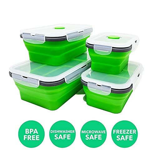 Set of 4 Collapsible Silicone Food Storage Container, Leftover Meal box For Kitchen, Bento Lunch Boxes, BPA Free, Microwave, Dishwasher and Freezer Safe. Foldable Design Saves Your Space.