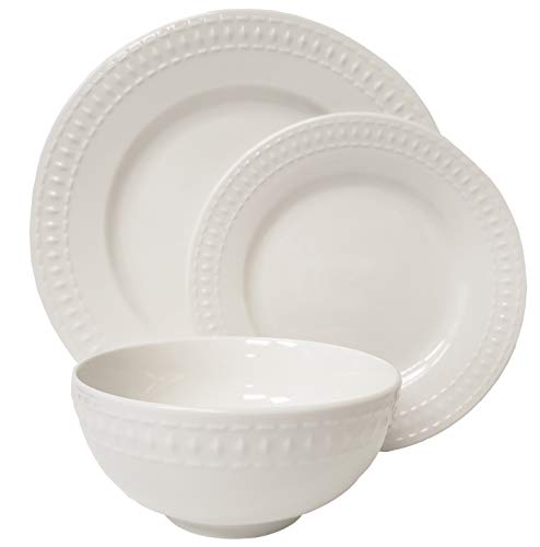 Tabletops Gallery Embossed Bone White Porcelain Round Dinnerware Collection- Chip Resistant Scratch Resistant, Bloom 12 Piece Dinnerware Set (Dinner Plate, Salad Plate, Cereal Bowl)