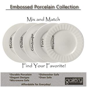 Tabletops Gallery Embossed Bone White Porcelain Round Dinnerware Collection- Chip Resistant Scratch Resistant, Bloom 12 Piece Dinnerware Set (Dinner Plate, Salad Plate, Cereal Bowl)