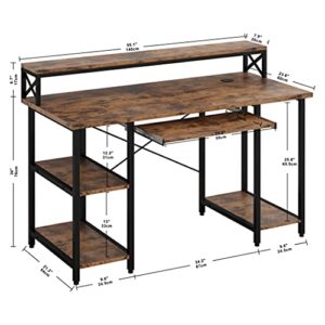 IRONCK Computer Desk 55", Home Office Desk with Keyboard Tray, Monitor Stand, Storage Shelf, Industrial Studying Writing Table, Vintage Brown