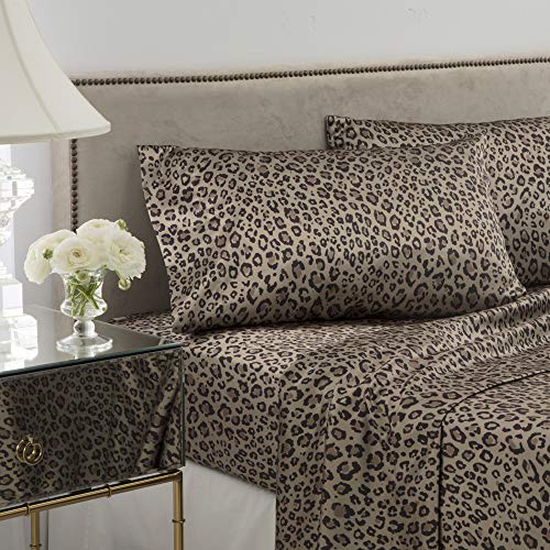 Martex Elegance Seduction 1S51582 Satin Silky Deep Pocket Easy Care Machine Washable 1 Fitted Sheet 1 Flat Sheet and 1 Pillowcases Twin Size 3 Piece Leopard Animal Print Sheet Set, Twin, Brown