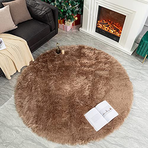 LEEVAN Plush Sheepskin Style Throw Rug Faux Fur Elegant Chic Style Cozy Shaggy Round Rug Floor Mat Area Rugs Home Decorator Super Soft Carpets Kids Play Rug ( 6 ft-Diameter, Coffee )