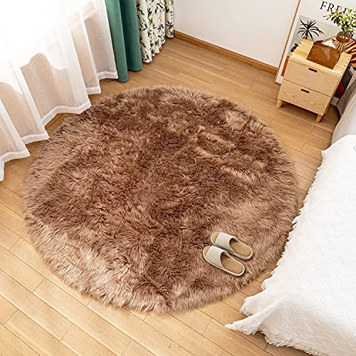 LEEVAN Plush Sheepskin Style Throw Rug Faux Fur Elegant Chic Style Cozy Shaggy Round Rug Floor Mat Area Rugs Home Decorator Super Soft Carpets Kids Play Rug ( 6 ft-Diameter, Coffee )