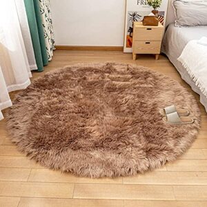 LEEVAN Plush Sheepskin Style Throw Rug Faux Fur Elegant Chic Style Cozy Shaggy Round Rug Floor Mat Area Rugs Home Decorator Super Soft Carpets Kids Play Rug ( 6 ft-Diameter, Coffee )